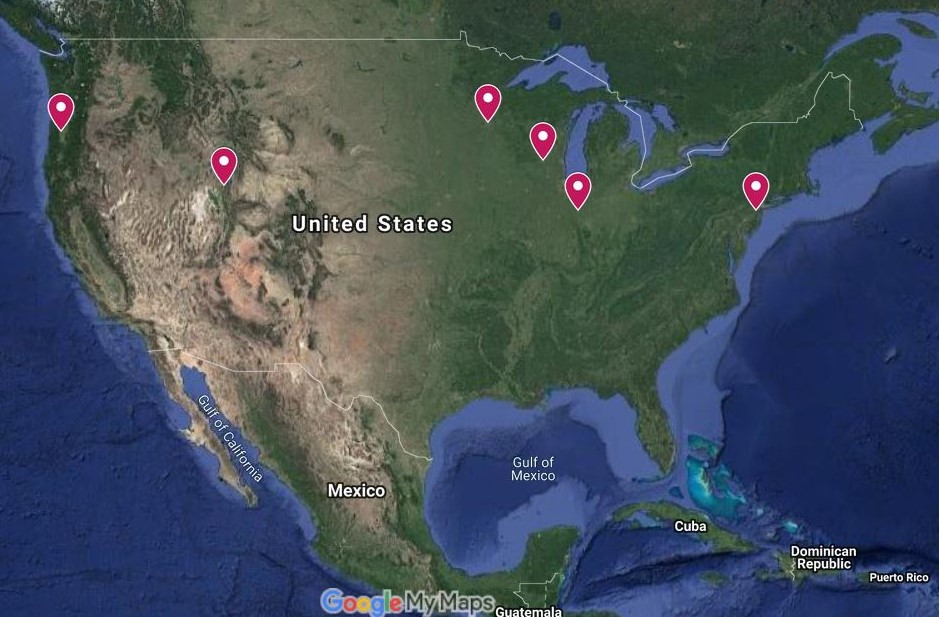 Map of the United States with six demo sites marked